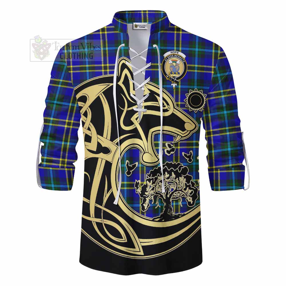Tartan Vibes Clothing Hope Tartan Ghillie Kilt Shirt with Family Crest Celtic Wolf Style