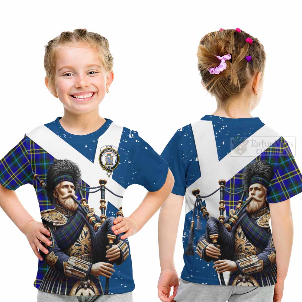 Tartan Vibes Clothing Hope Tartan Kid T-Shirt with Family Crest Scottish Bagpiper Vibes