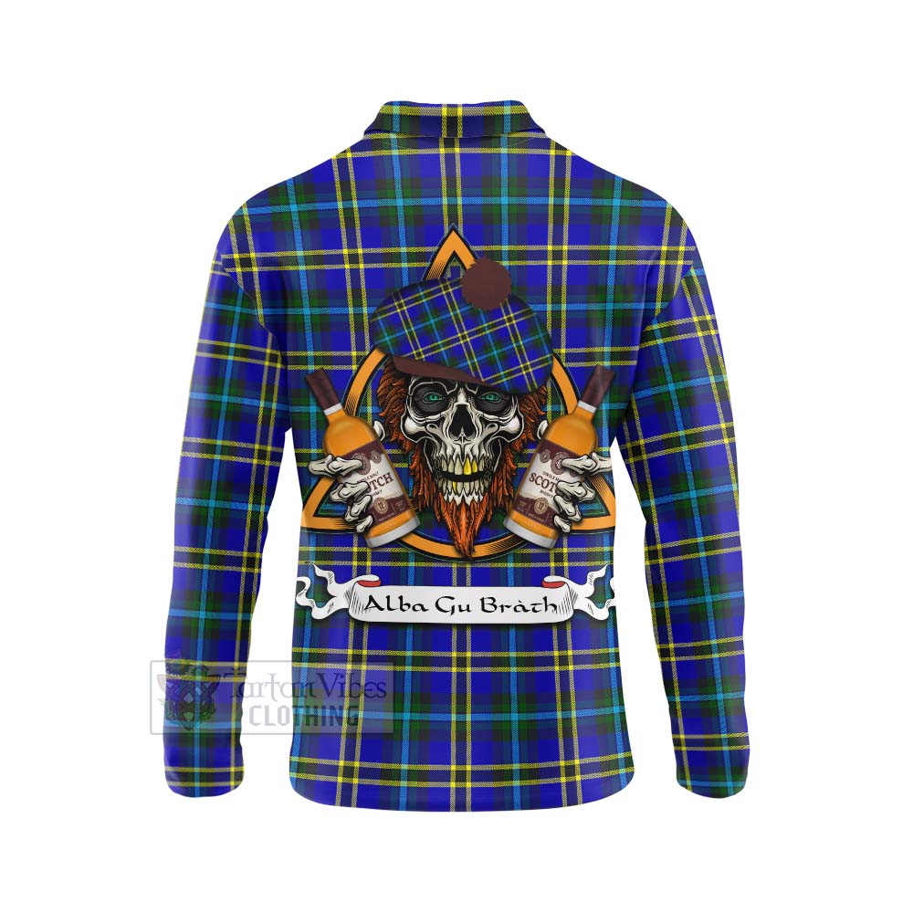 Tartan Vibes Clothing Hope Tartan Long Sleeve Polo Shirt with Family Crest and Bearded Skull Holding Bottles of Whiskey