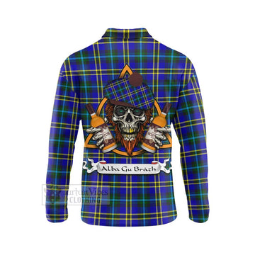 Tartan Vibes Clothing Hope Tartan Long Sleeve Polo Shirt with Family Crest and Bearded Skull Holding Bottles of Whiskey