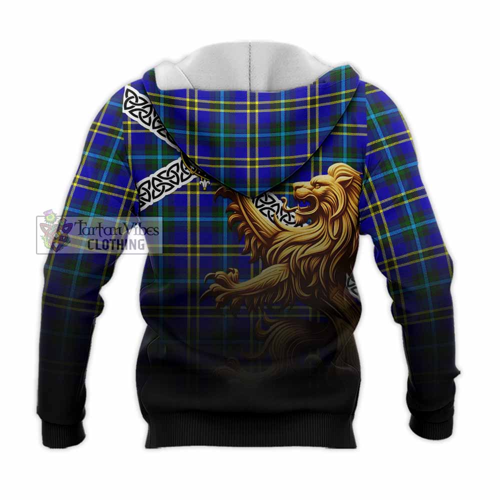 Tartan Vibes Clothing Hope Crest Tartan Knitted Hoodie with Golden Lion Emblem Celtic Style