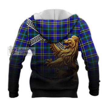 Hope Crest Tartan Knitted Hoodie with Golden Lion Emblem Celtic Style