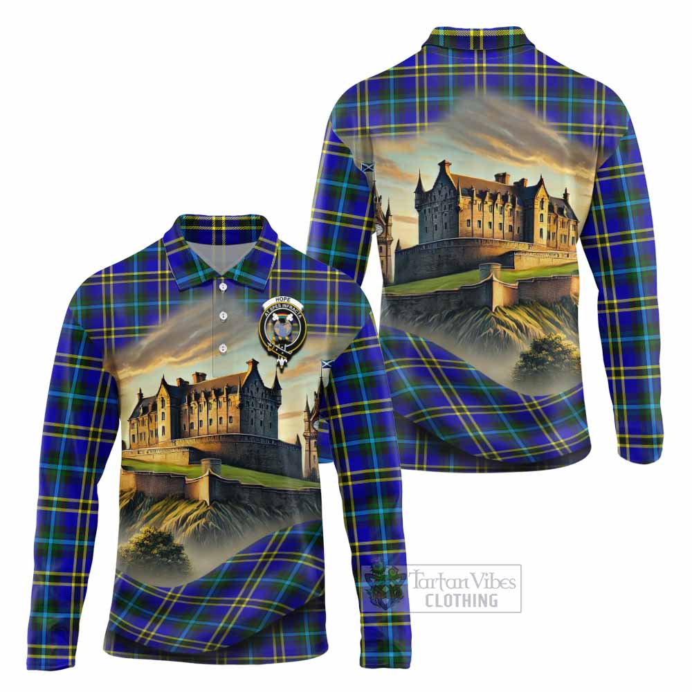 Tartan Vibes Clothing Hope Tartan Family Crest Long Sleeve Polo Shirt with Scottish Ancient Castle Style