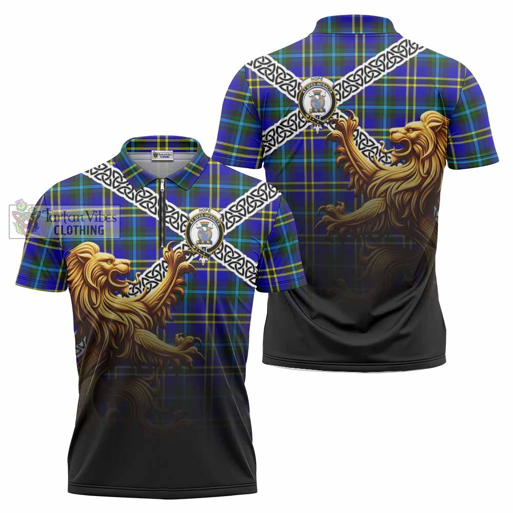 Tartan Vibes Clothing Hope Crest Tartan Zipper Polo Shirt with Golden Lion Emblem Celtic Style
