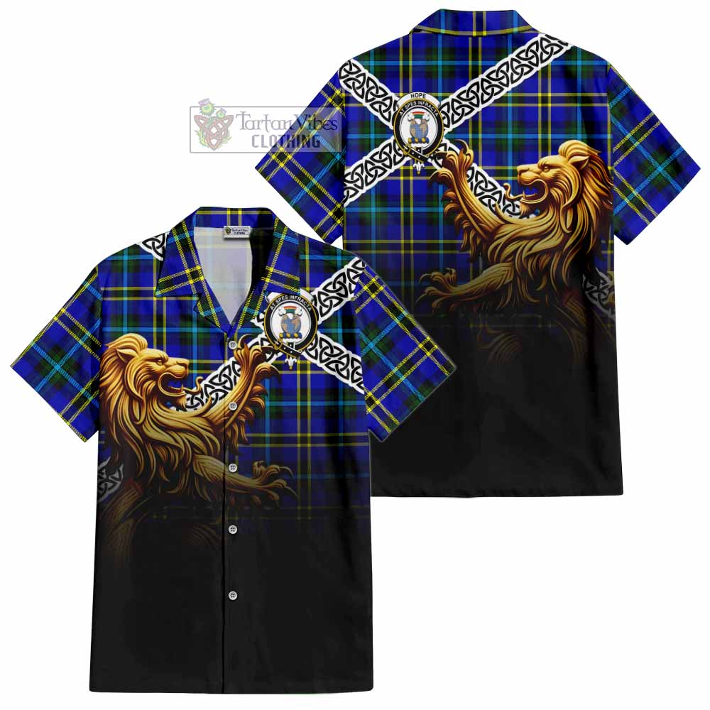 Tartan Vibes Clothing Hope Crest Tartan Short Sleeve Button Shirt with Golden Lion Emblem Celtic Style