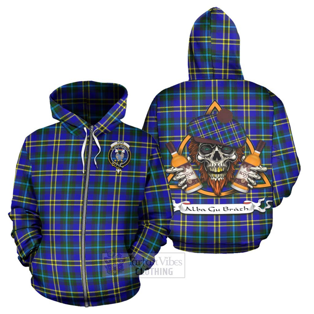 Tartan Vibes Clothing Hope Tartan Hoodie with Family Crest and Bearded Skull Holding Bottles of Whiskey