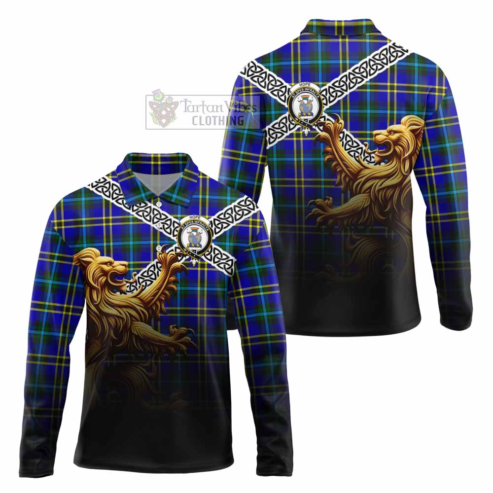 Tartan Vibes Clothing Hope Crest Tartan Long Sleeve Polo Shirt with Golden Lion Emblem Celtic Style