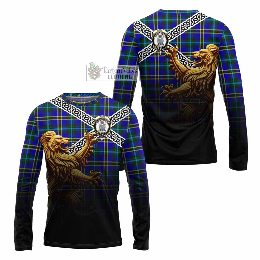 Tartan Vibes Clothing Hope Crest Tartan Long Sleeve T-Shirt with Golden Lion Emblem Celtic Style