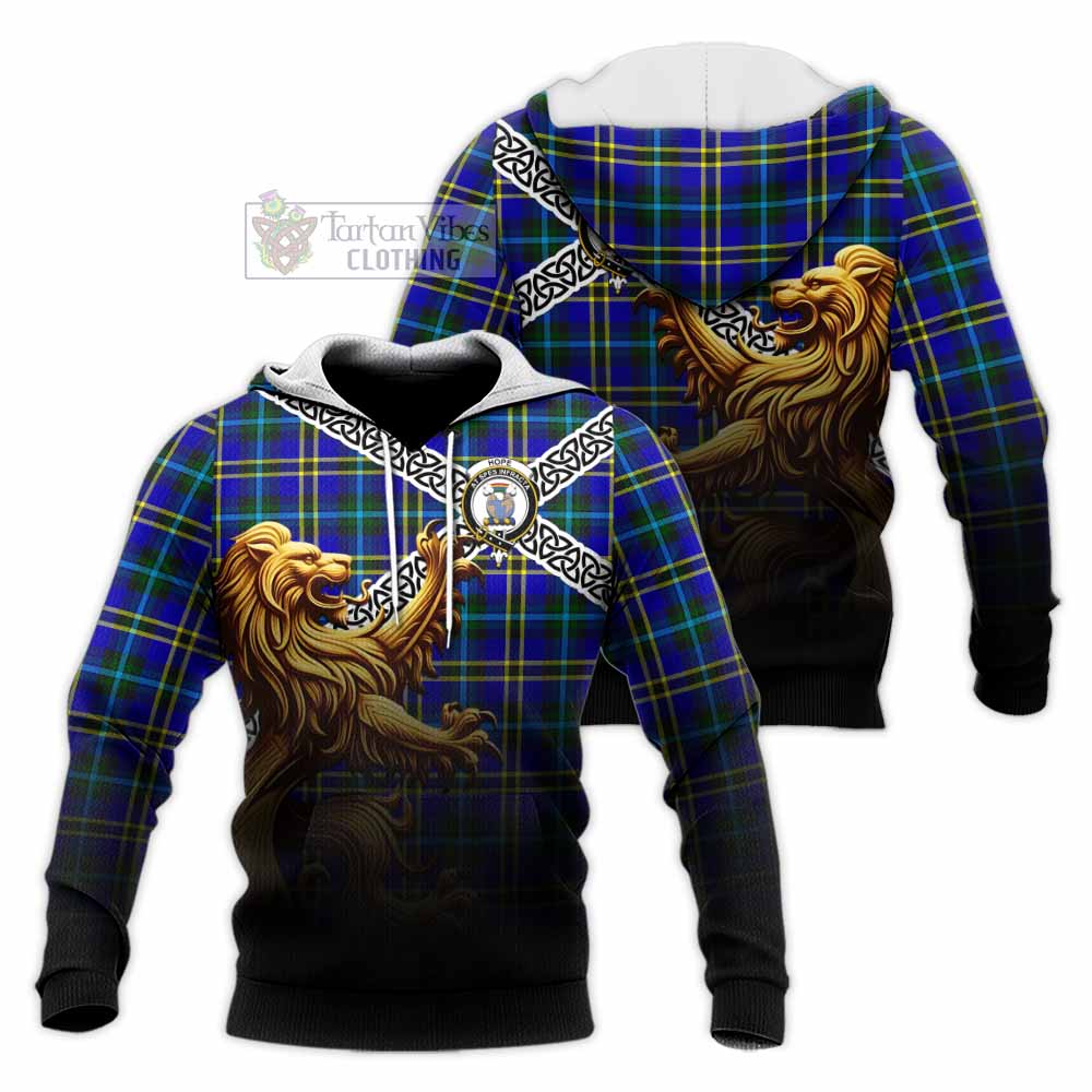 Tartan Vibes Clothing Hope Crest Tartan Knitted Hoodie with Golden Lion Emblem Celtic Style
