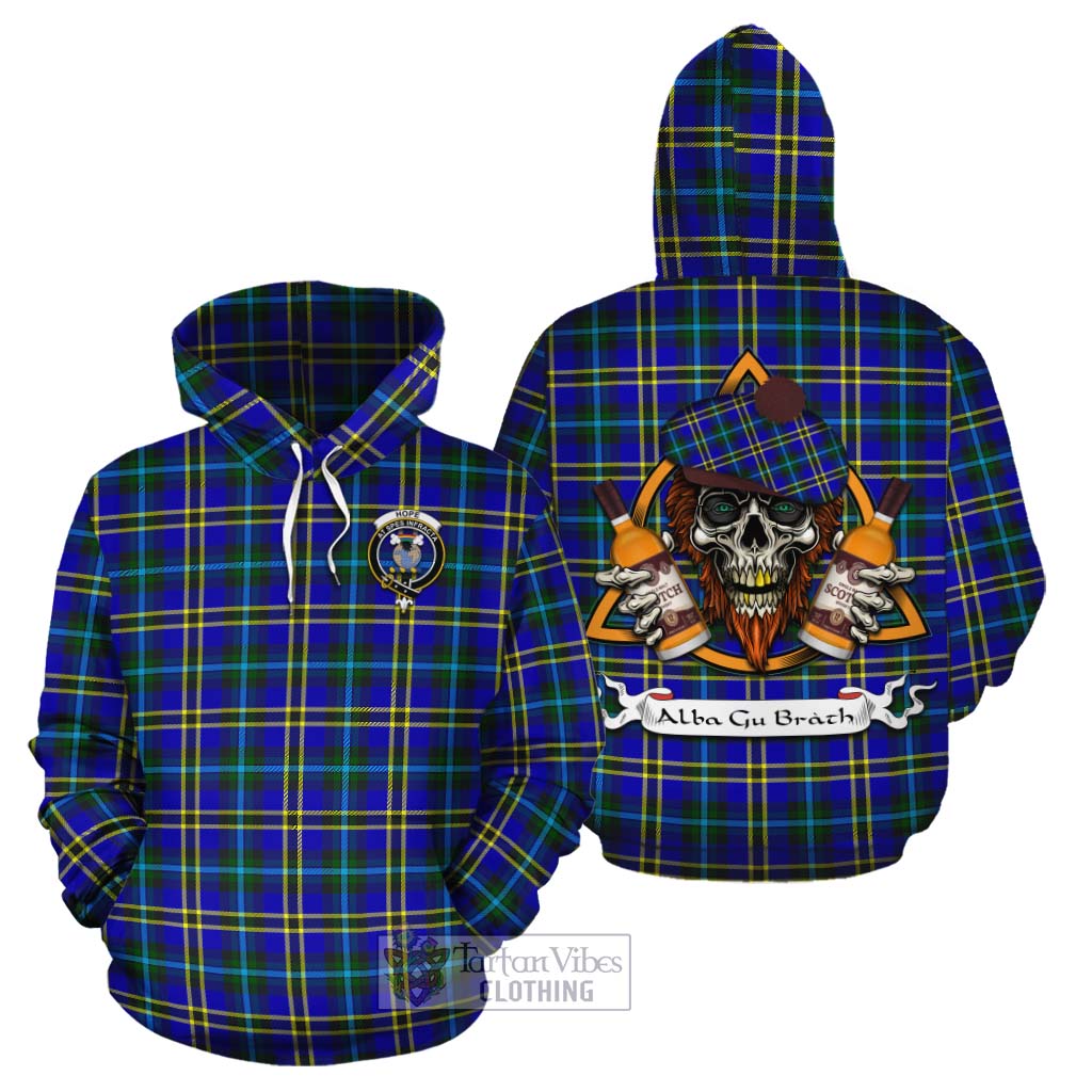 Tartan Vibes Clothing Hope Tartan Cotton Hoodie with Family Crest and Bearded Skull Holding Bottles of Whiskey