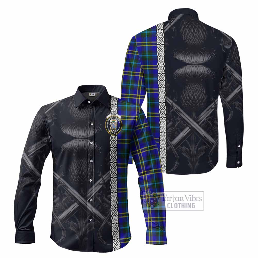 Tartan Vibes Clothing Hope Tartan Long Sleeve Button Shirt with Family Crest Cross Sword Thistle Celtic Vibes
