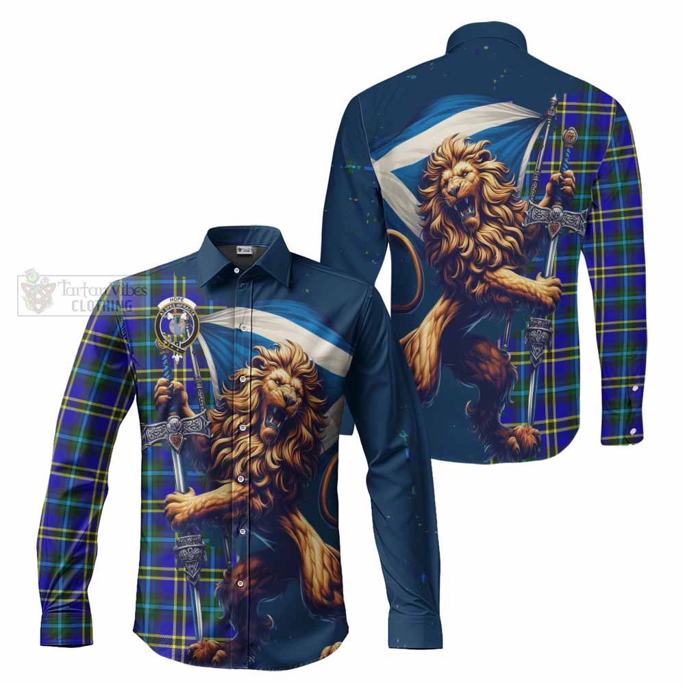 Tartan Vibes Clothing Hope Tartan Family Crest Long Sleeve Button Shirt with Scottish Majestic Lion