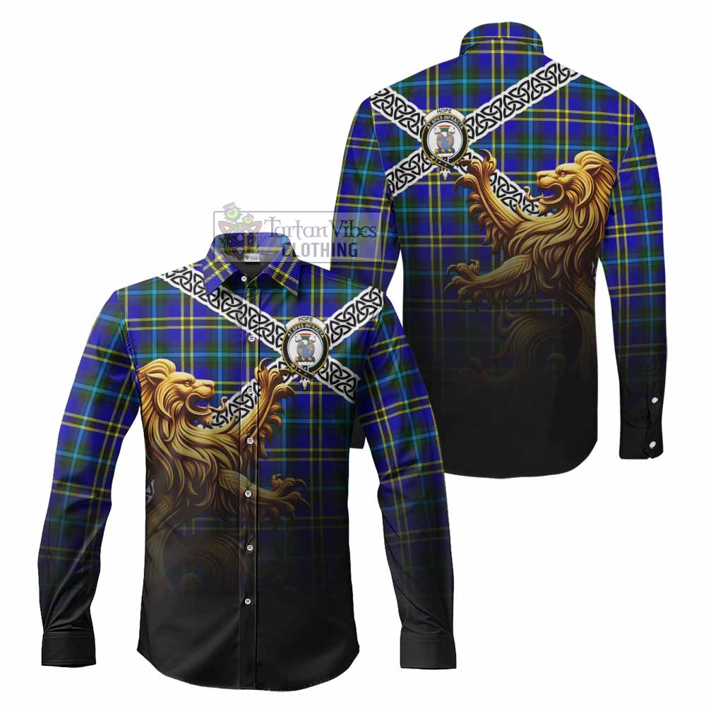 Tartan Vibes Clothing Hope Crest Tartan Long Sleeve Button Shirt with Golden Lion Emblem Celtic Style