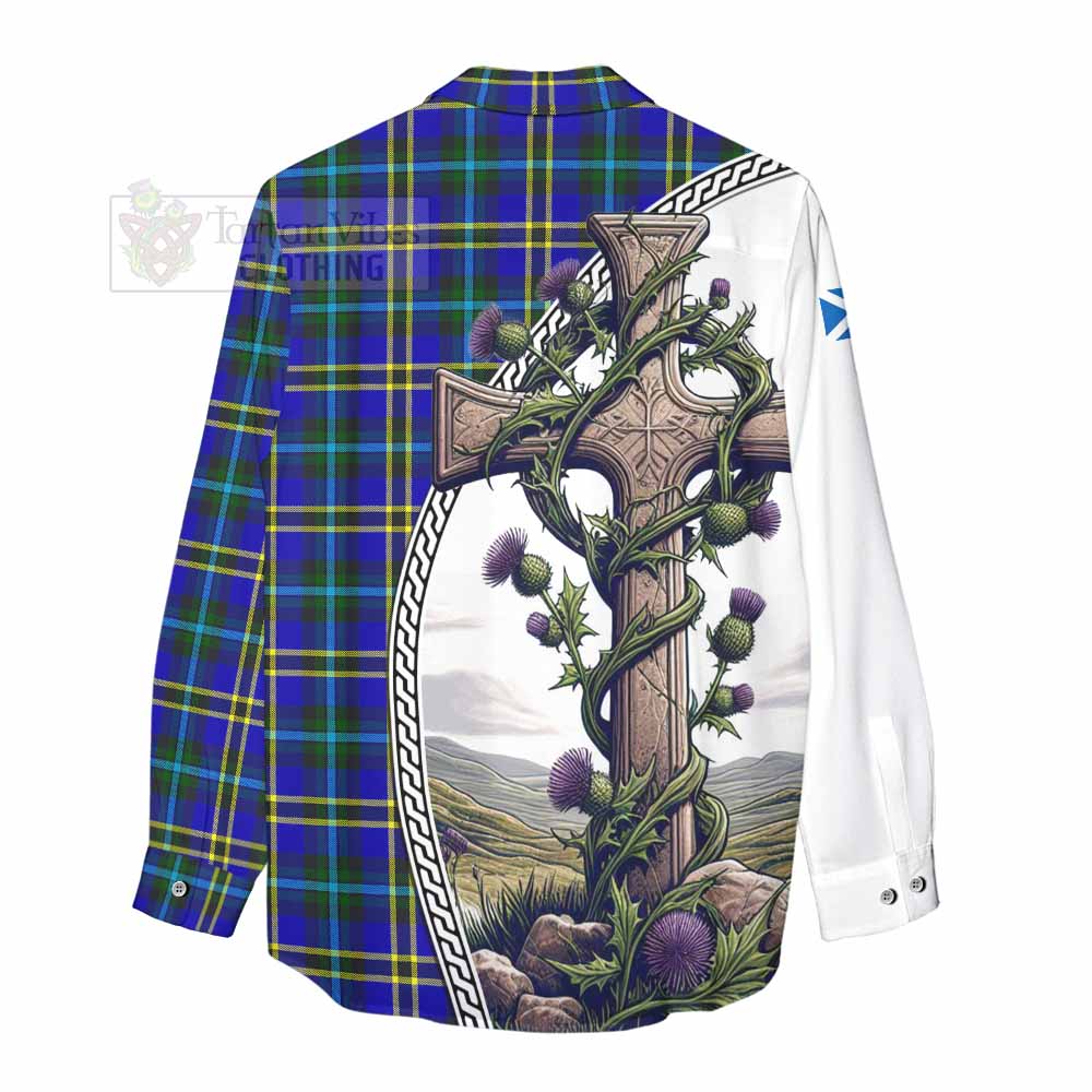 Tartan Vibes Clothing Hope Tartan Women's Casual Shirt with Family Crest and St. Andrew's Cross Accented by Thistle Vines