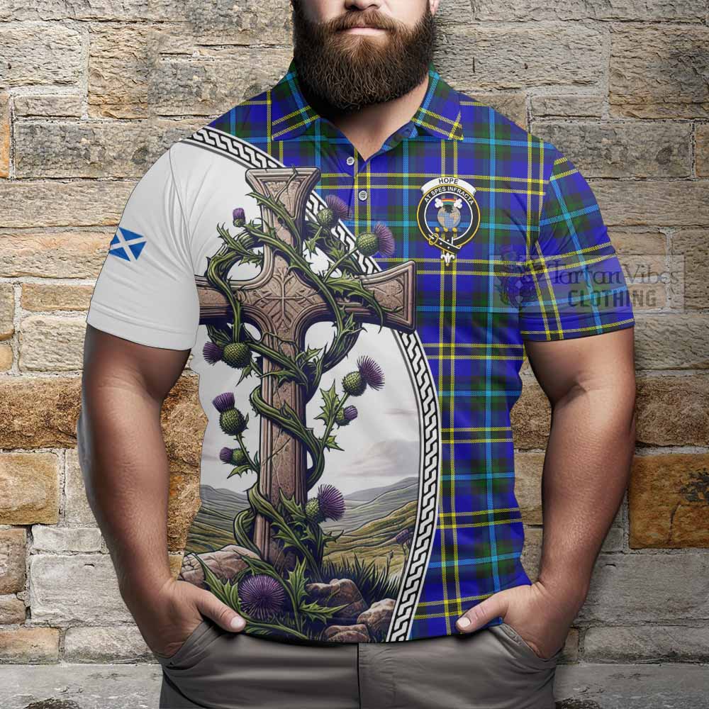 Tartan Vibes Clothing Hope Tartan Polo Shirt with Family Crest and St. Andrew's Cross Accented by Thistle Vines
