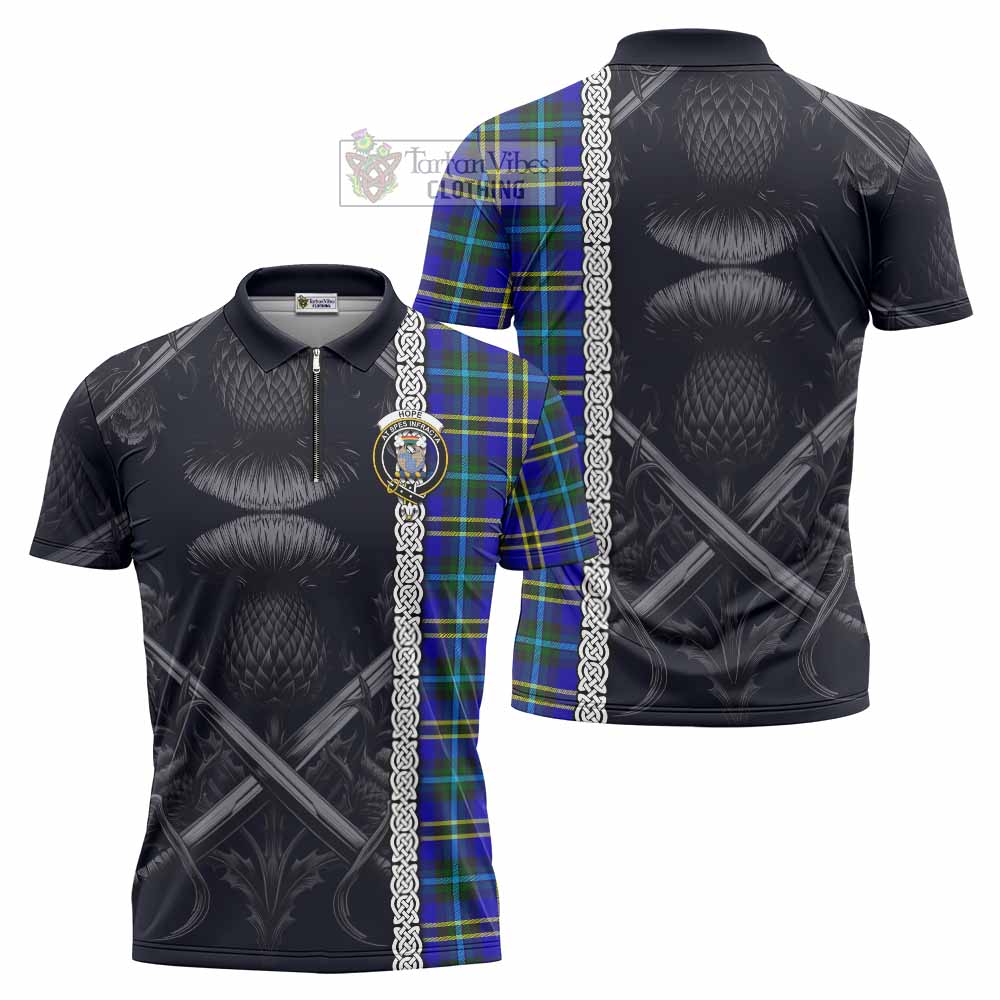 Tartan Vibes Clothing Hope Tartan Zipper Polo Shirt with Family Crest Cross Sword Thistle Celtic Vibes