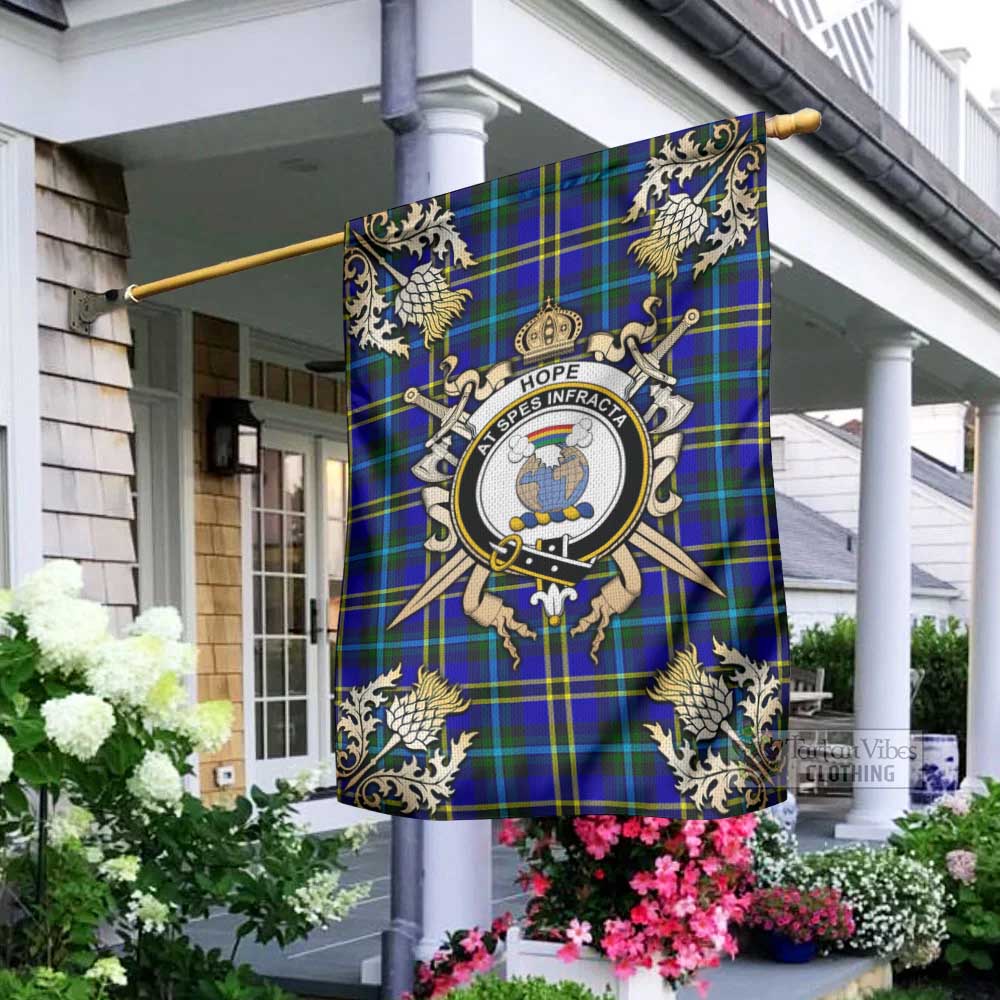 Tartan Vibes Clothing Hope Tartan Flag with Family Crest and Golden Thistle Crossed Sword Design