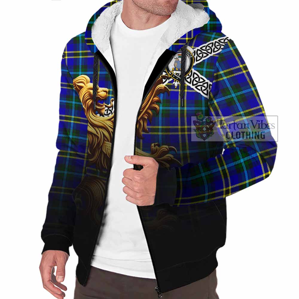 Tartan Vibes Clothing Hope Crest Tartan Sherpa Hoodie with Golden Lion Emblem Celtic Style