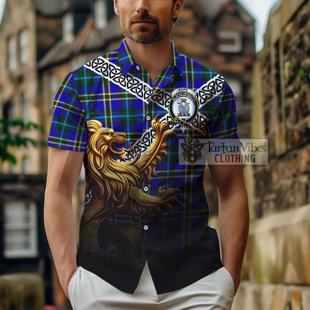 Tartan Vibes Clothing Hope Crest Tartan Short Sleeve Button Shirt with Golden Lion Emblem Celtic Style