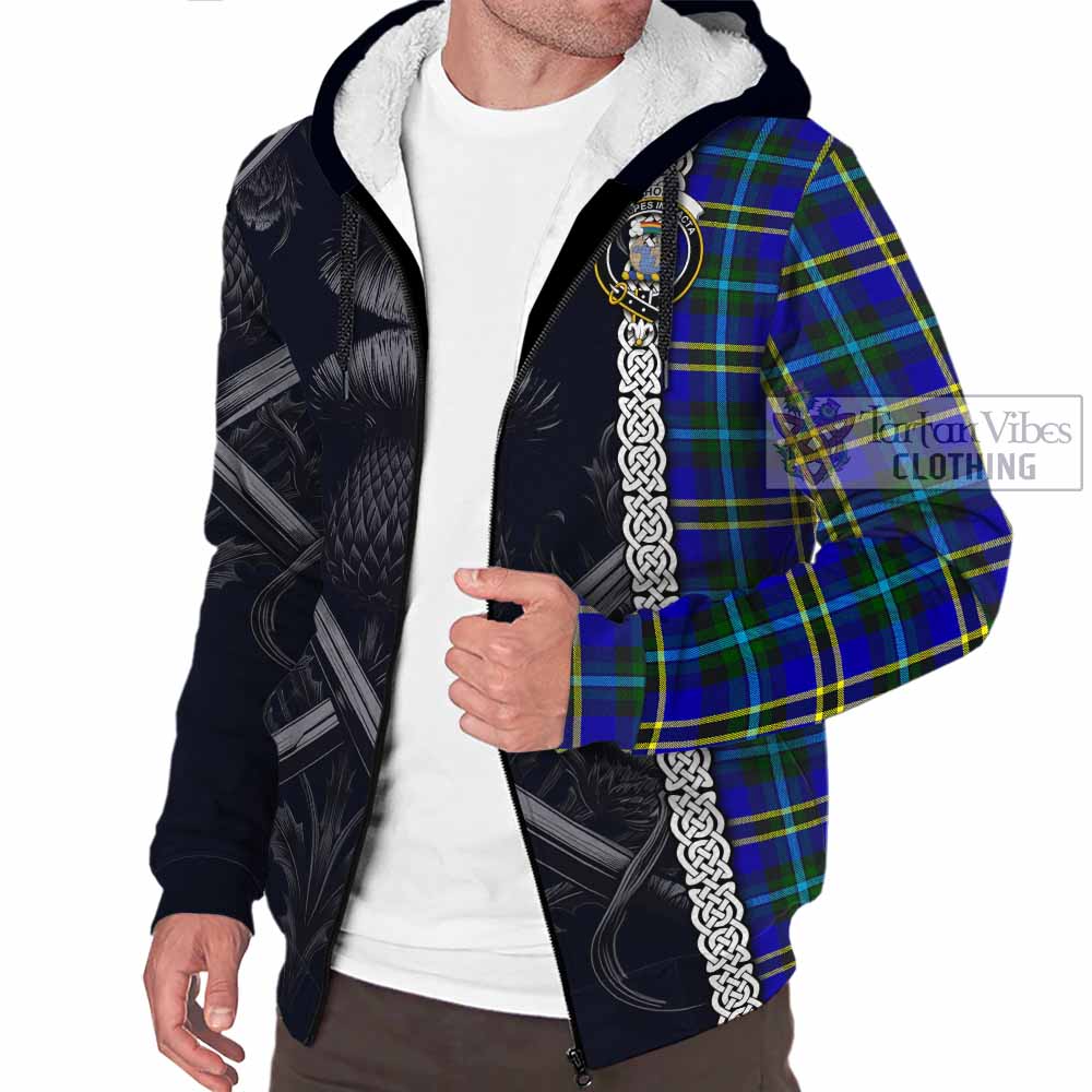 Tartan Vibes Clothing Hope Tartan Sherpa Hoodie with Family Crest Cross Sword Thistle Celtic Vibes
