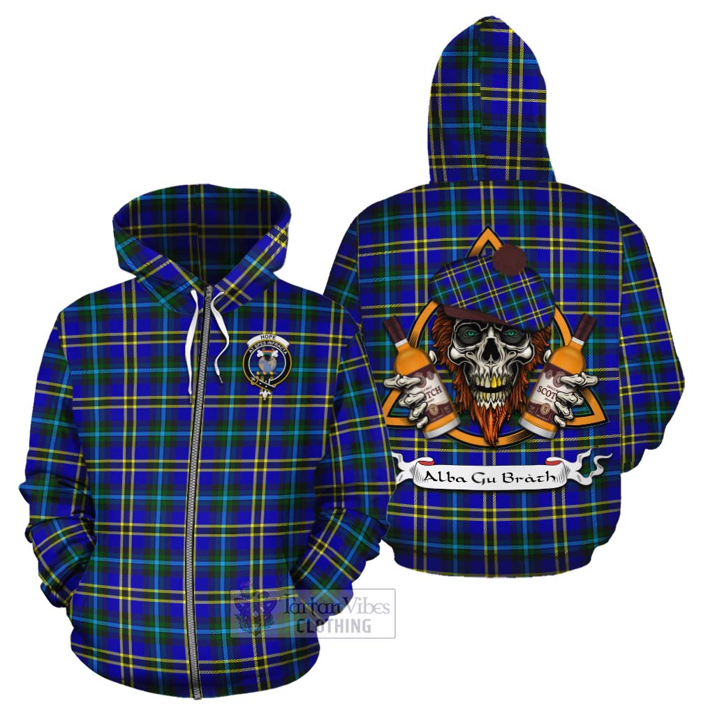 Tartan Vibes Clothing Hope Tartan Cotton Hoodie with Family Crest and Bearded Skull Holding Bottles of Whiskey