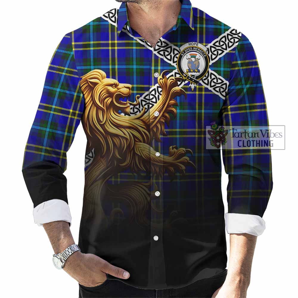 Tartan Vibes Clothing Hope Crest Tartan Long Sleeve Button Shirt with Golden Lion Emblem Celtic Style