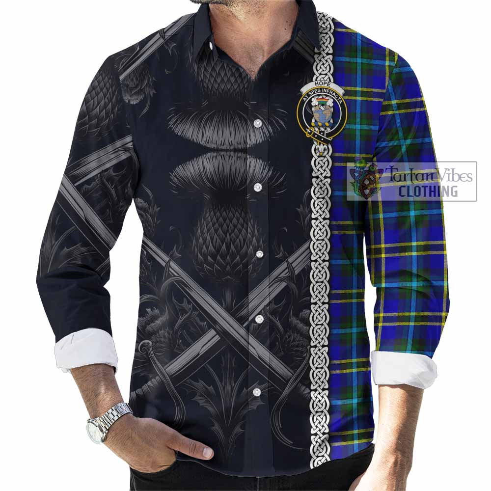 Tartan Vibes Clothing Hope Tartan Long Sleeve Button Shirt with Family Crest Cross Sword Thistle Celtic Vibes
