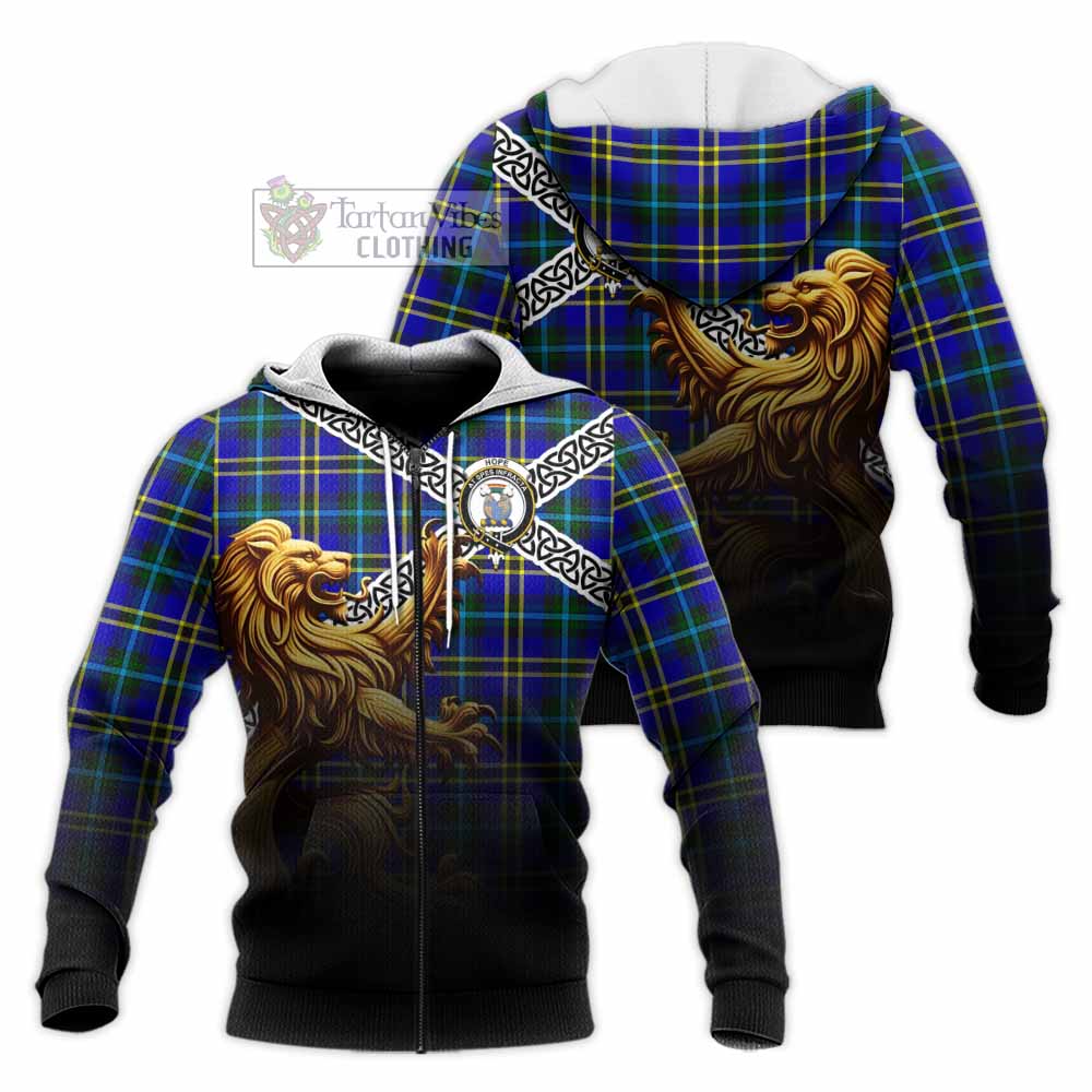 Tartan Vibes Clothing Hope Crest Tartan Knitted Hoodie with Golden Lion Emblem Celtic Style