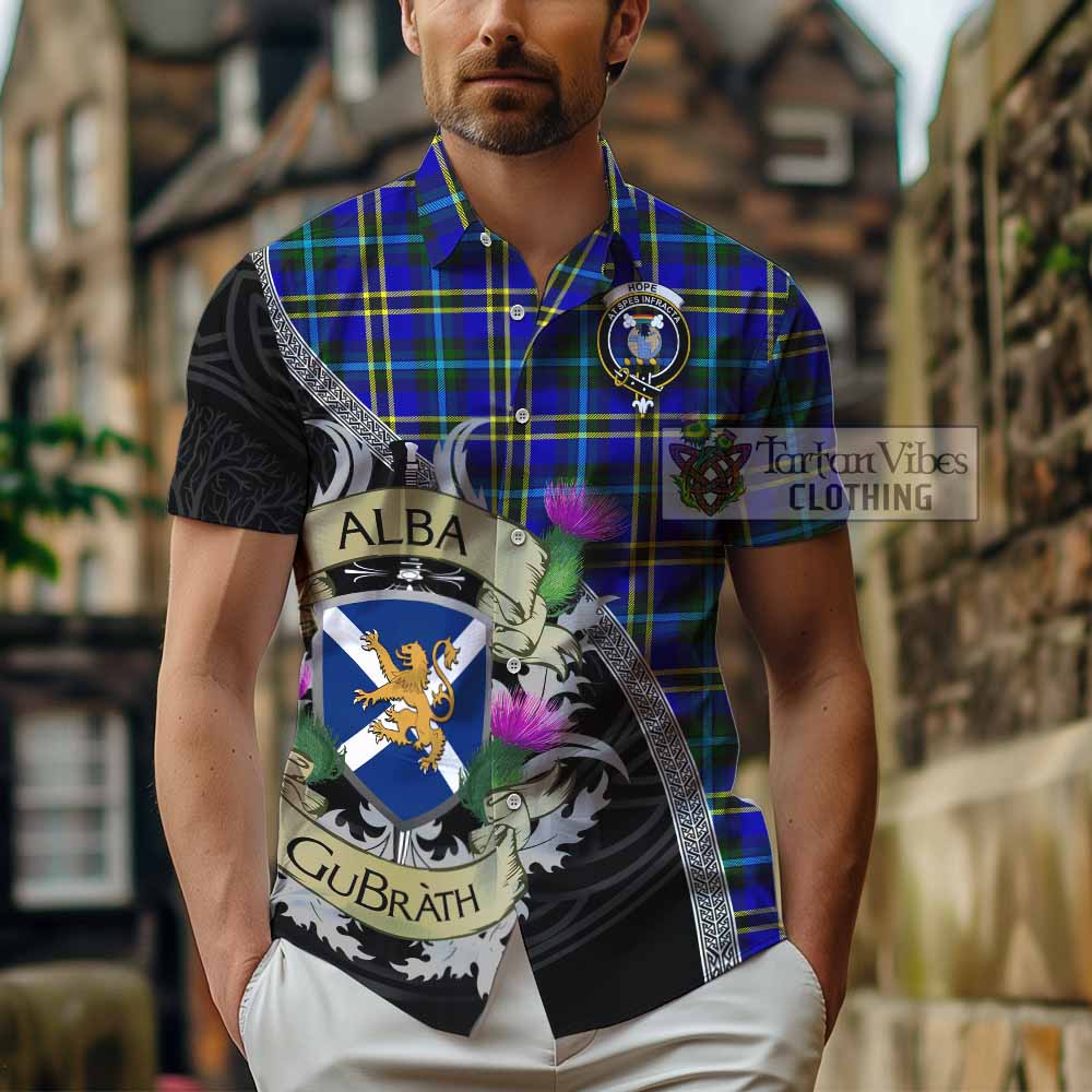 Tartan Vibes Clothing Hope Tartan Family Crest Short Sleeve Button Shirt Lion Rampant Royal Thistle Shield Celtic Inspired