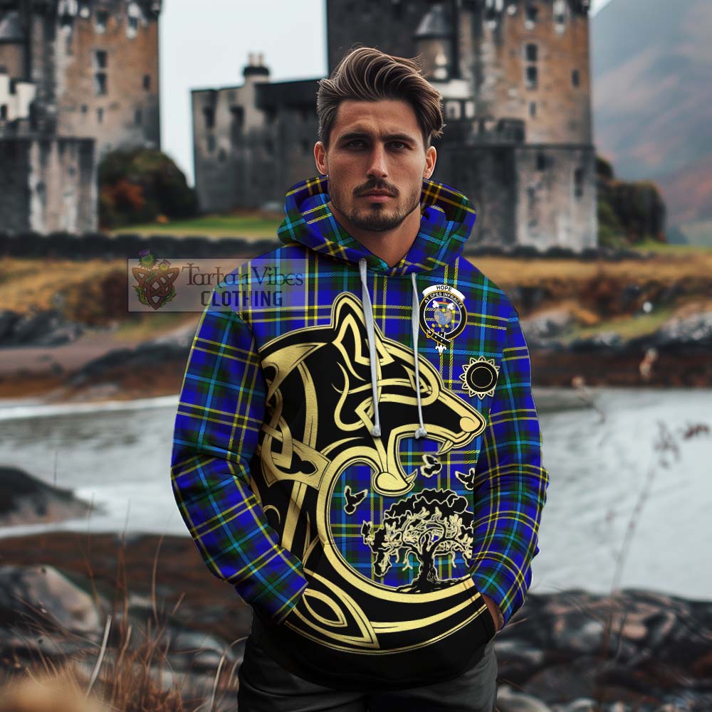 Tartan Vibes Clothing Hope Tartan Cotton Hoodie with Family Crest Celtic Wolf Style
