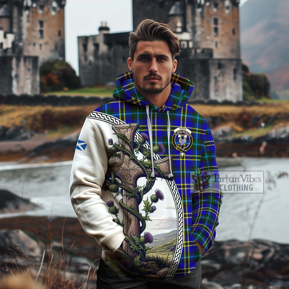 Tartan Vibes Clothing Hope Tartan Cotton Hoodie with Family Crest and St. Andrew's Cross Accented by Thistle Vines