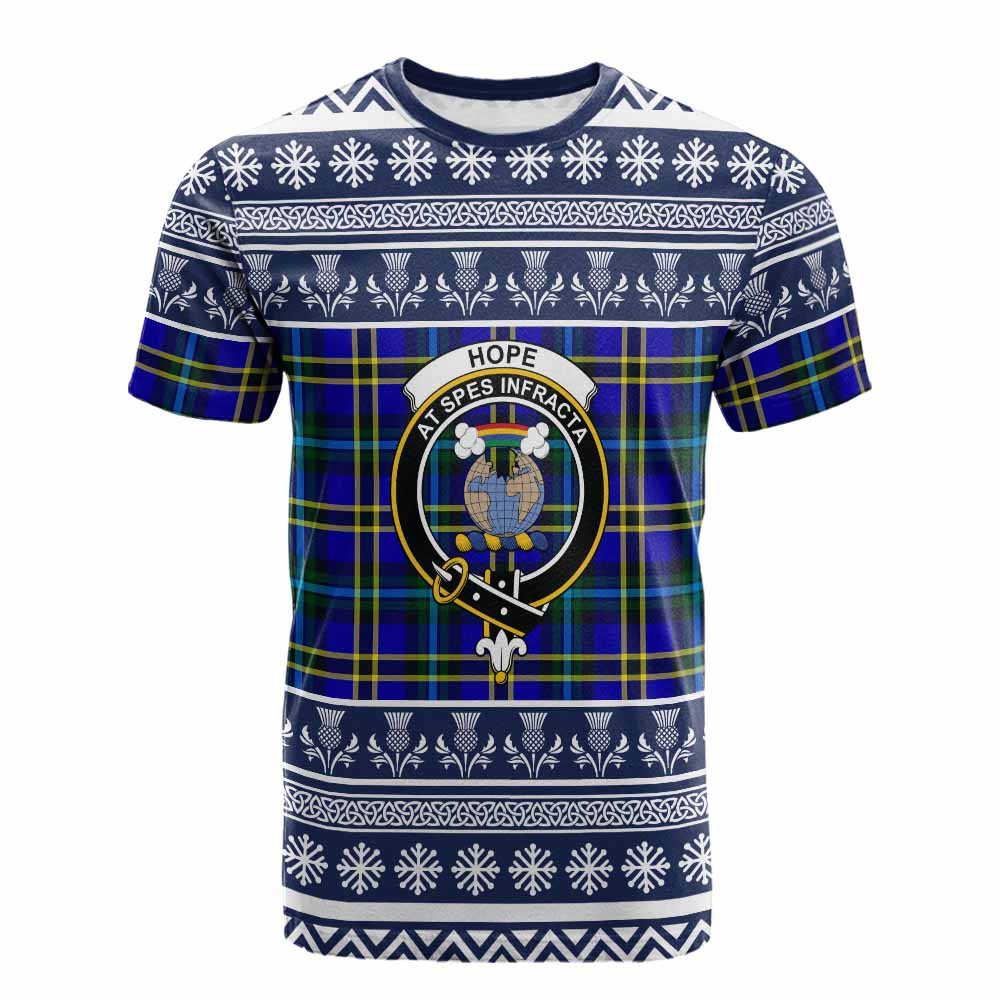 Hope Clan Tartan Christmas Cotton T-shirt with Family Crest - Tartan Vibes Clothing