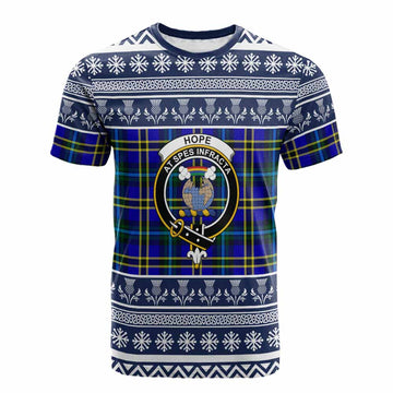 Hope Clan Tartan Christmas Cotton T-shirt with Family Crest