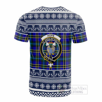 Hope Clan Tartan Christmas Cotton T-shirt with Family Crest