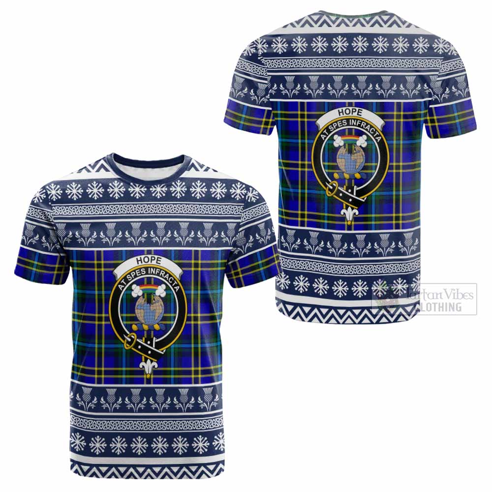 Hope Clan Tartan Christmas Cotton T-shirt with Family Crest - Tartan Vibes Clothing