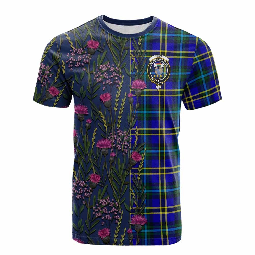 Hope Family Crest Tartan Cotton T-shirt Scottish Thistle Flower Pattern Half Style - Tartan Vibes Clothing