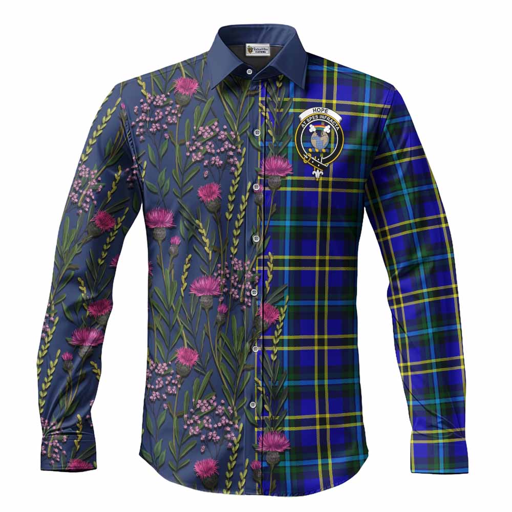 Hope Family Crest Tartan Long Sleeve Button Shirts Scottish Thistle Flower Pattern Half Style - Tartan Vibes Clothing