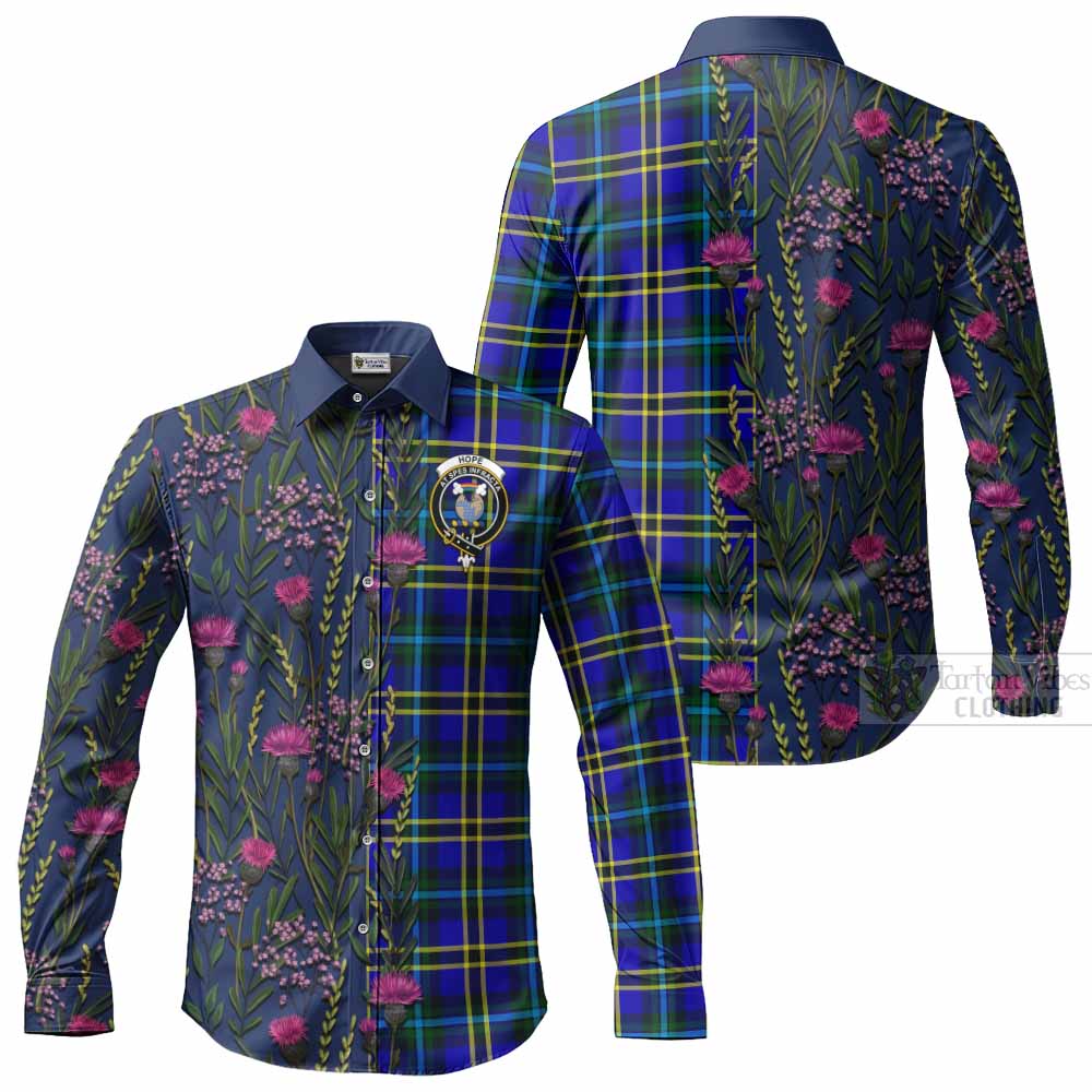 Hope Family Crest Tartan Long Sleeve Button Shirts Scottish Thistle Flower Pattern Half Style - Tartan Vibes Clothing
