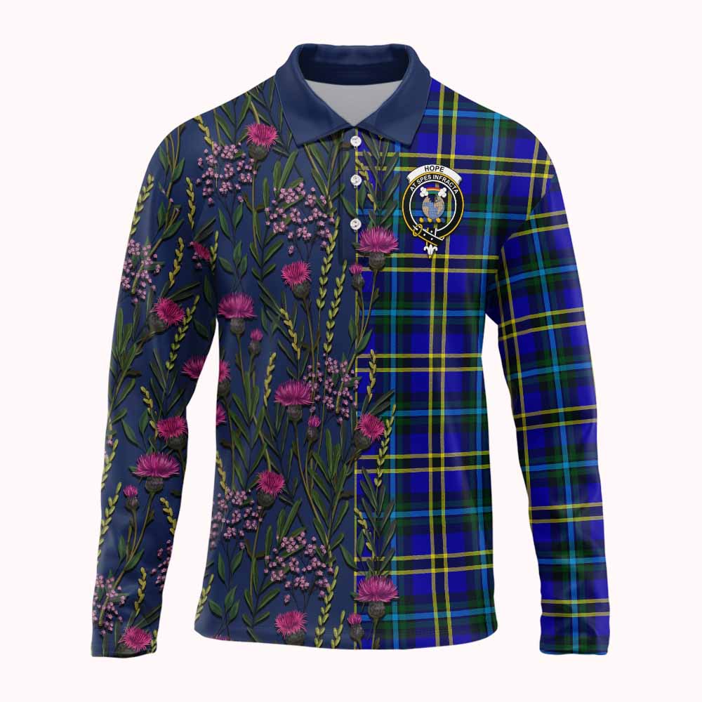 Hope Family Crest Tartan Long Sleeve Polo Shirt Scottish Thistle Flower Pattern Half Style - Tartan Vibes Clothing