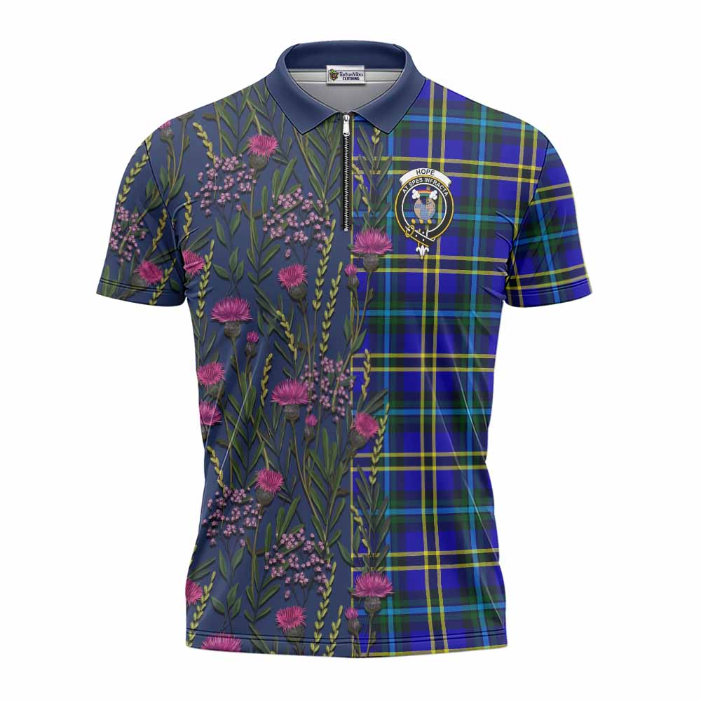 Hope Family Crest Tartan Zipper Polo Shirt Scottish Thistle Flower Pattern Half Style - Tartan Vibes Clothing