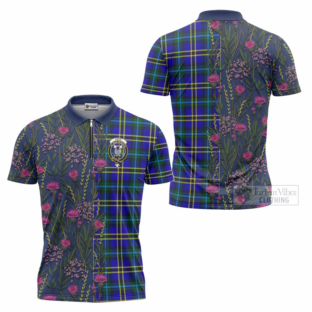 Hope Family Crest Tartan Zipper Polo Shirt Scottish Thistle Flower Pattern Half Style - Tartan Vibes Clothing