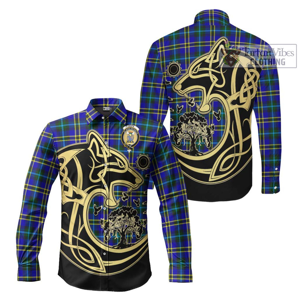 Hope Tartan Long Sleeve Button Shirt with Family Crest Celtic Wolf Style Men's Shirt S - Tartan Vibes Clothing