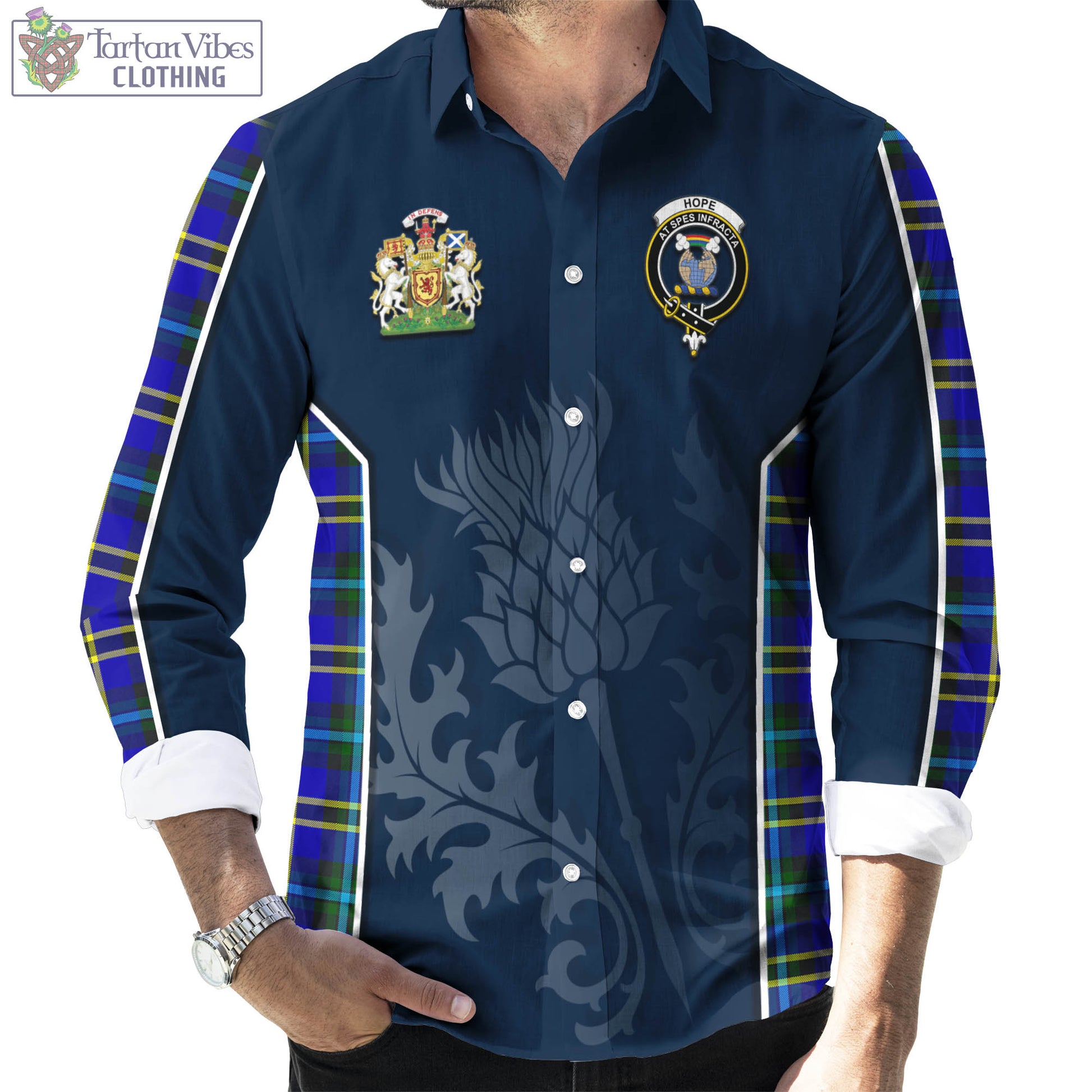 Tartan Vibes Clothing Hope Modern Tartan Long Sleeve Button Up Shirt with Family Crest and Scottish Thistle Vibes Sport Style