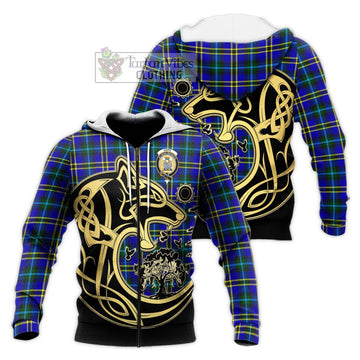 Hope Tartan Knitted Hoodie with Family Crest Celtic Wolf Style