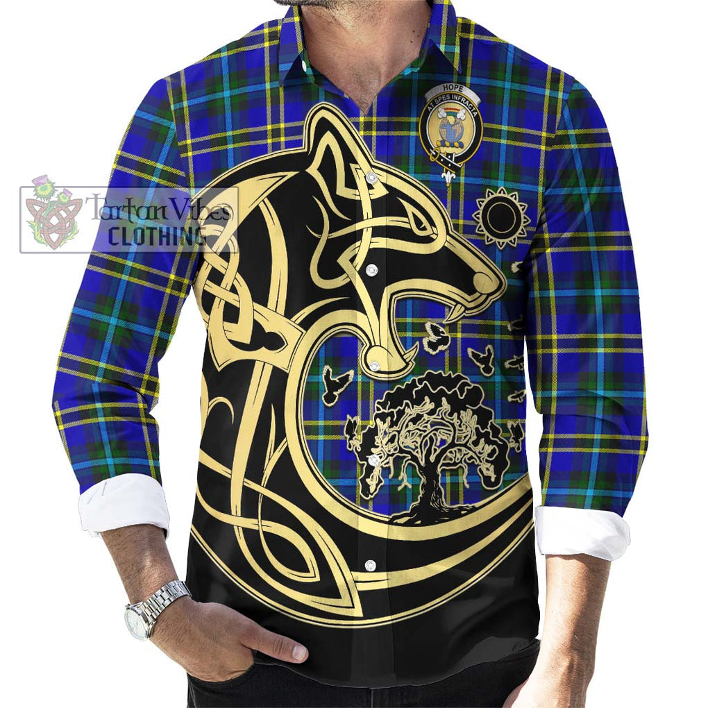 Hope Tartan Long Sleeve Button Shirt with Family Crest Celtic Wolf Style - Tartan Vibes Clothing