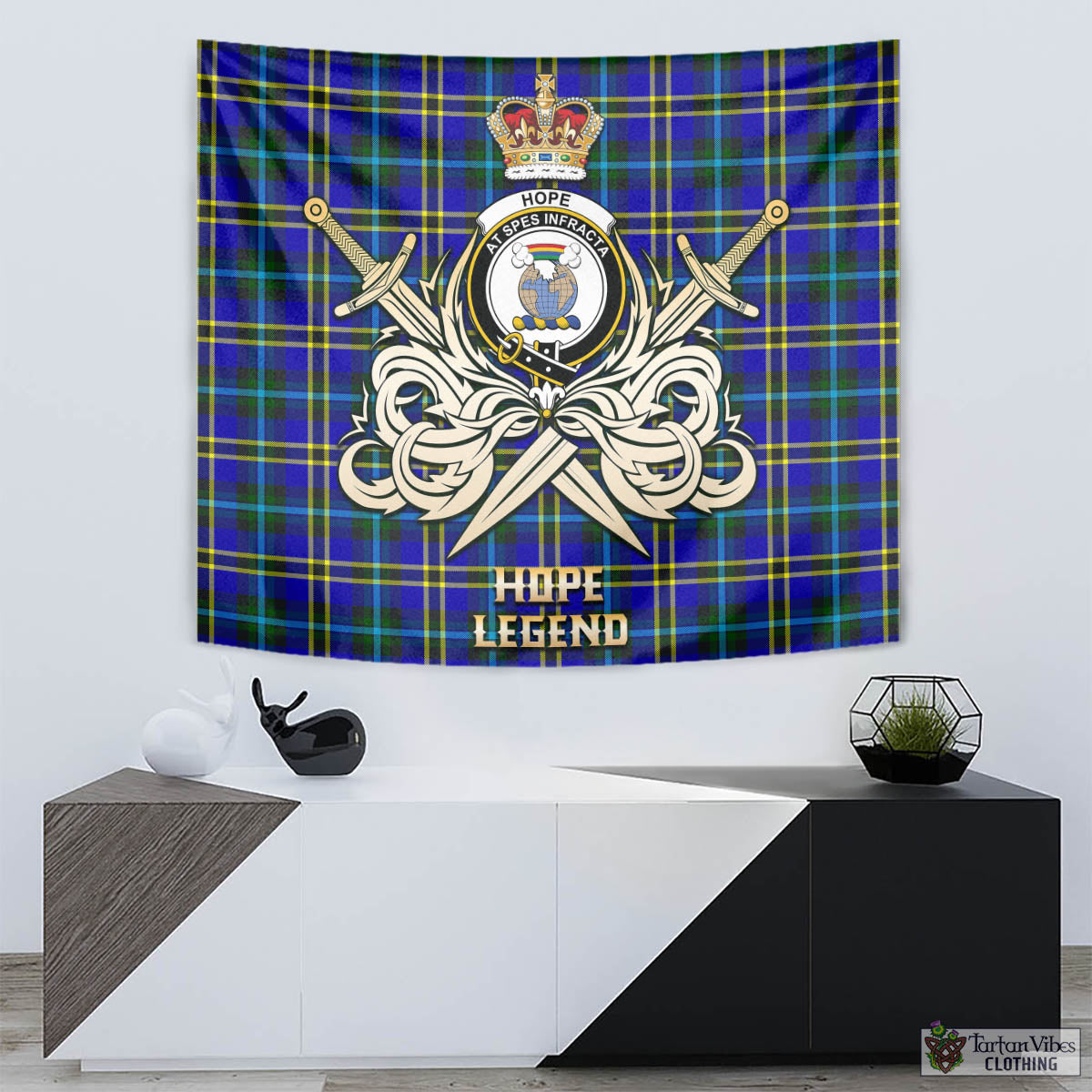 Tartan Vibes Clothing Hope Modern Tartan Tapestry with Clan Crest and the Golden Sword of Courageous Legacy