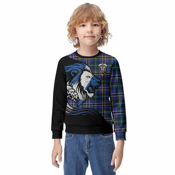 Hope Tartan Crest Kid Knitted Sweatshirt Scottish Golden Lions Wave Flow
