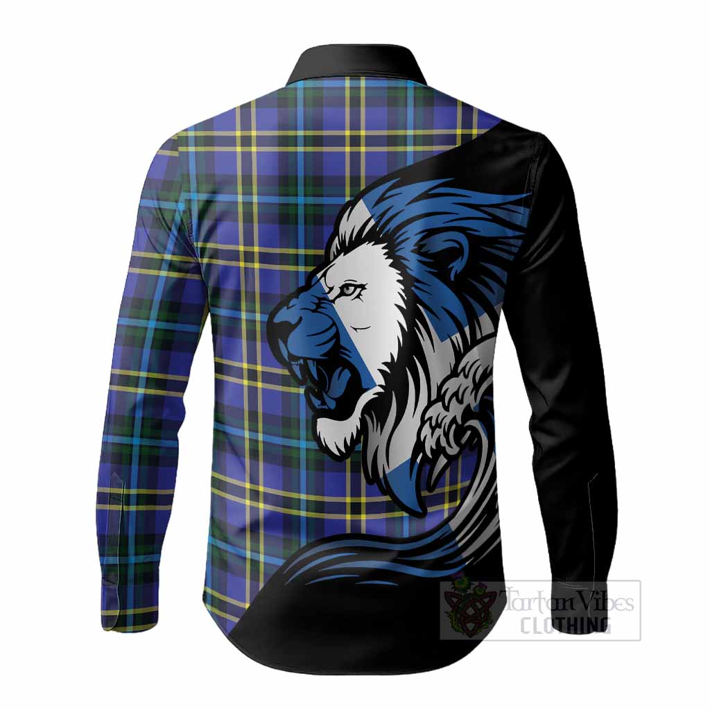 Hope Tartan Crest Long Sleeve Button Shirts Scottish Golden Lions Wave Flow