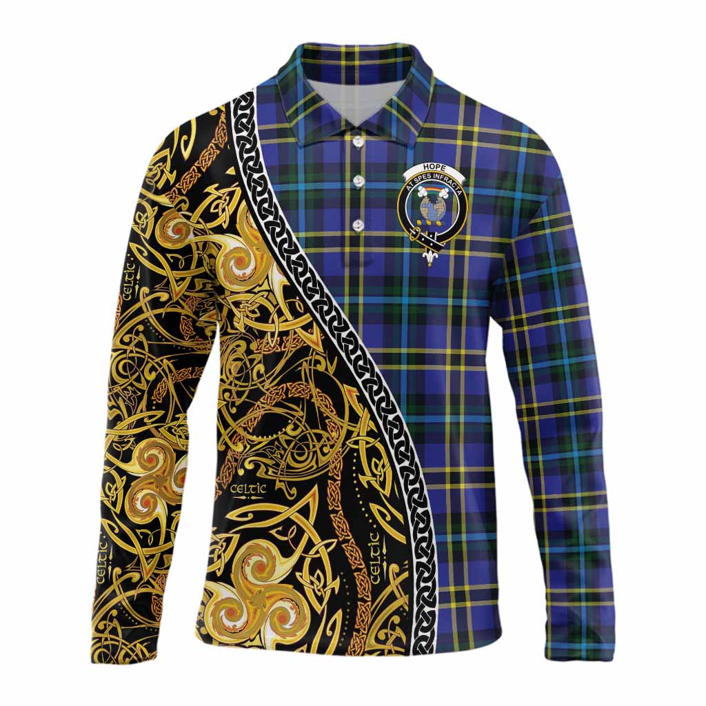Hope Tartan Crest Long Sleeve Polo Shirt Celtic Knot and Triple Trickle Spiral Symbols