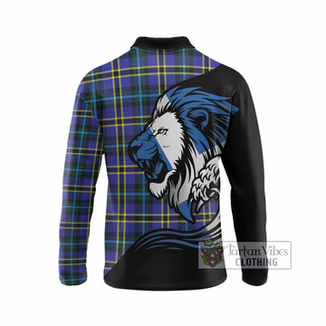 Hope Tartan Crest Long Sleeve Polo Shirt Scottish Golden Lions Wave Flow